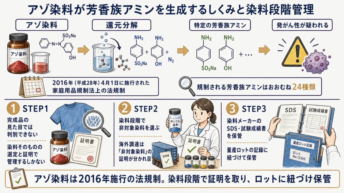 アゾ染料が芳香族アミンを生成する仕組みと染料段階管理を示すイラスト