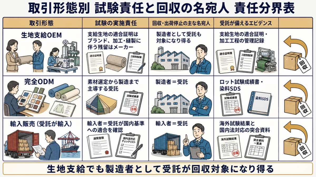 取引形態別に試験責任と回収の名宛人を整理した責任分界表のイラスト