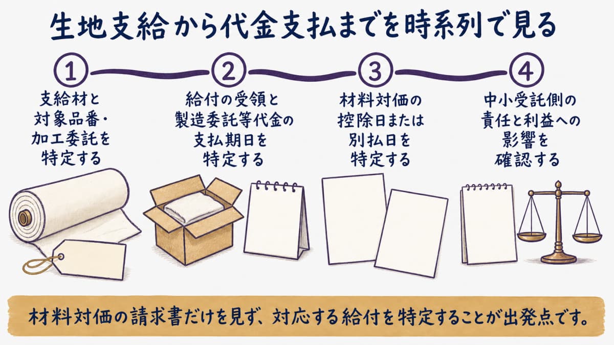 支給ロットから加工・給付・代金支払・材料決済までの時系列