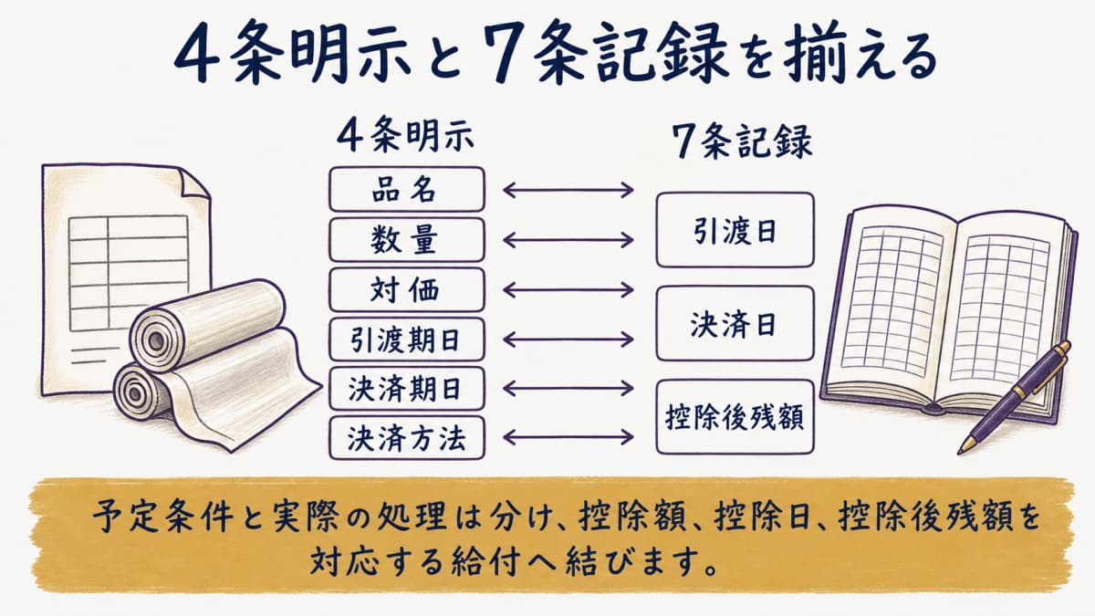 有償支給の4条明示6項目と7条の決済・残額記録