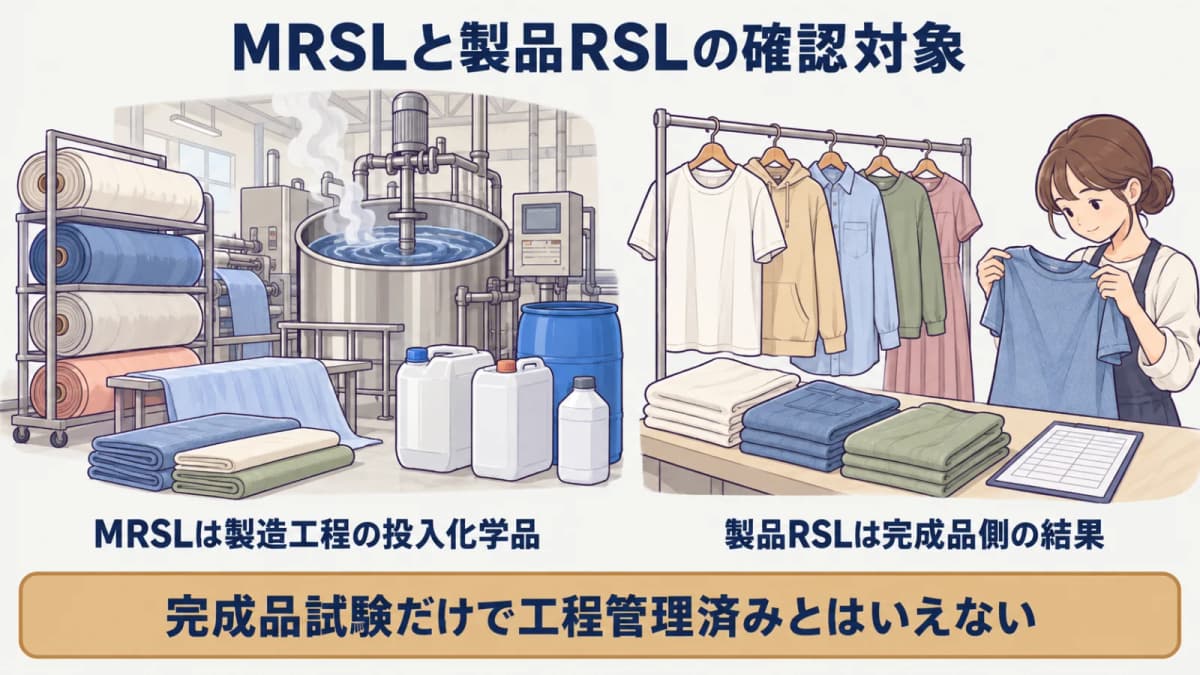 製造工程の投入化学品を見るMRSLと完成品を見る製品RSLの違いを示す図解