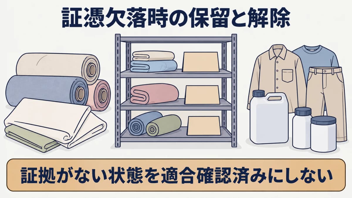 化学品の証憑欠落や期限切れを保留として扱い確認する図解