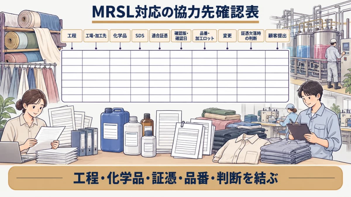 MRSL対応で工程と化学品と証憑と品番と判断を一覧にする台帳図解