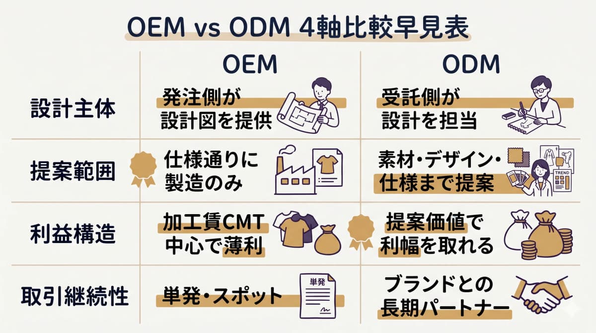 OEMとODMの違いを設計主体・提案範囲・利益構造・取引継続性の4軸で比較した早見表