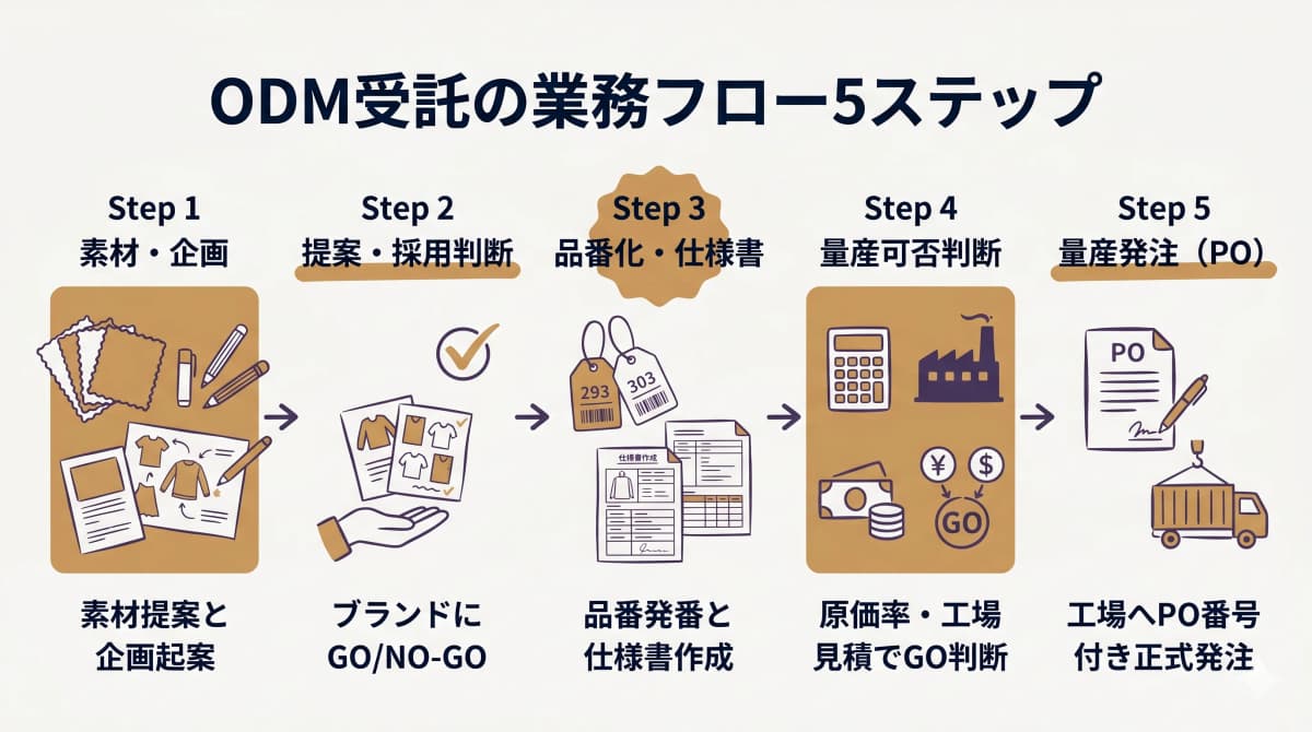 ODM受託の業務フロー(企画・素材選定から提案・品番化・量産可否判断・量産発注まで)を示した図