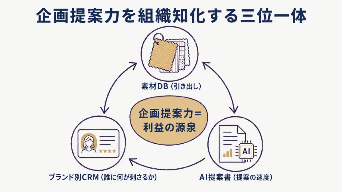 企画提案力を支える3要素(素材DB・ブランド別CRM・AI提案書)の三位一体を示した図